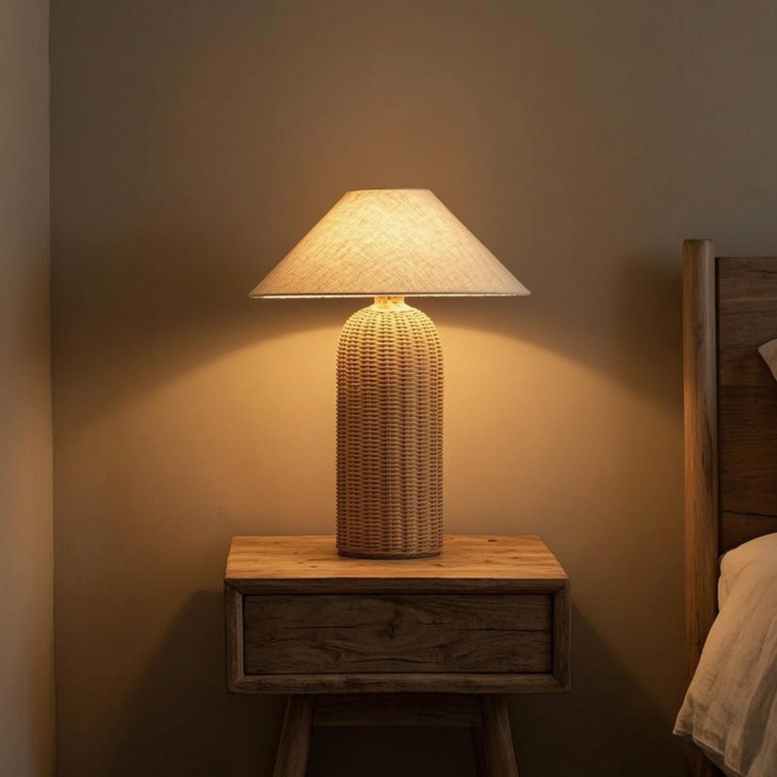 Lighting Decor For Bedroom - Bedside Lamp Rattan Base Fabric Shade